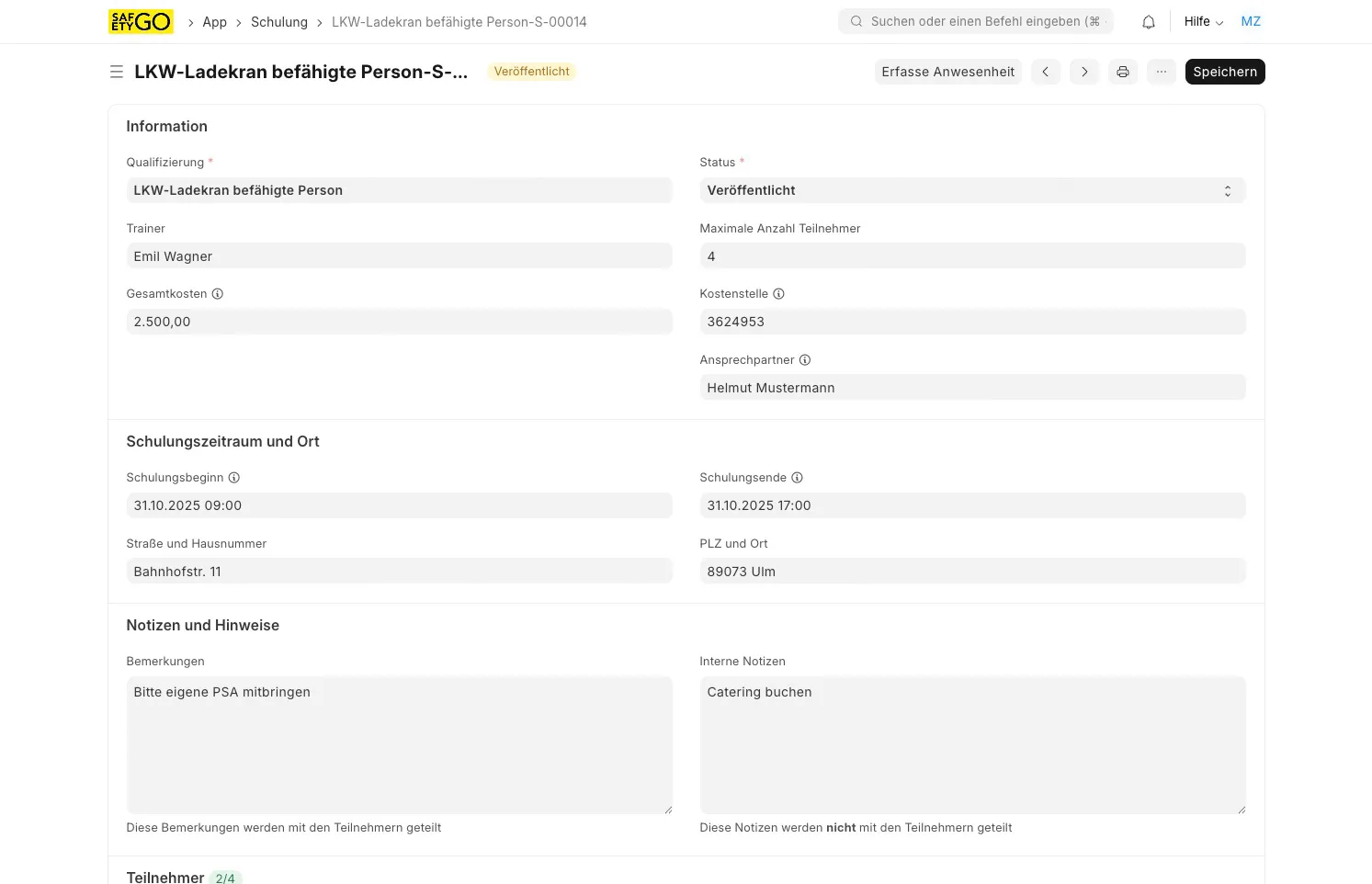 SafetyGO Desktop-App: Schulungs-Organisation und Terminplanung