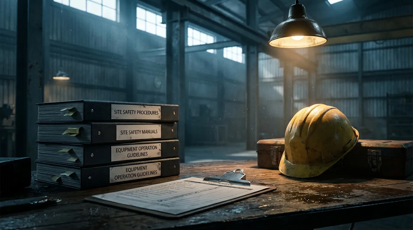 Arbeitssicherheits-Handbücher und Schutzhelm auf dunkler Werkbank