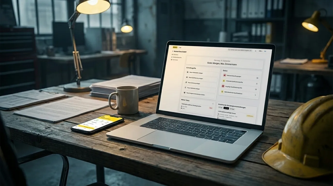 SafetyGO Desktop- und Mobile-App auf einem Schreibtisch mit Schutzhelm: Startseite der Anwendung mit Schnellzugriffen, Status und anstehenden Schulungsveranstaltungen