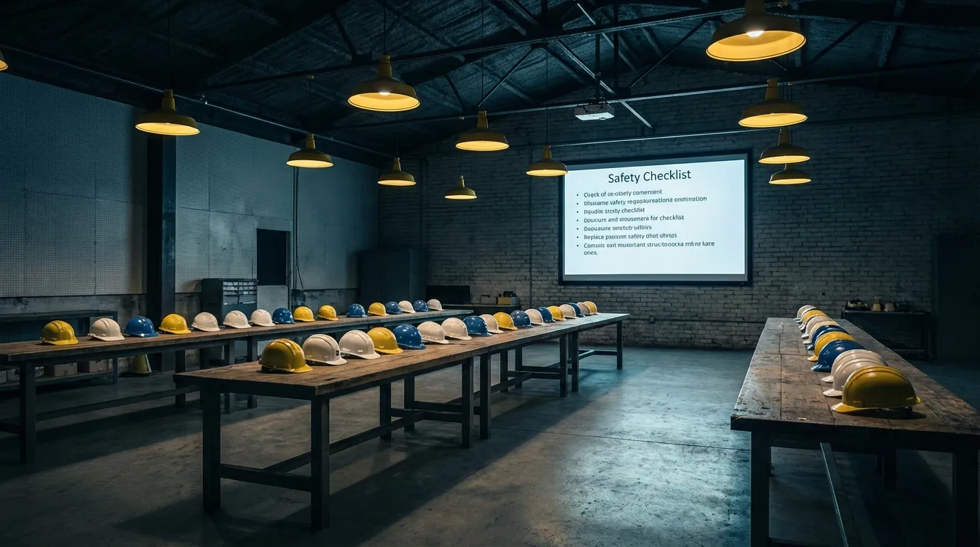 Schulungsraum mit Schutzhelmen auf langem Tisch und gelber Deckenbeleuchtung