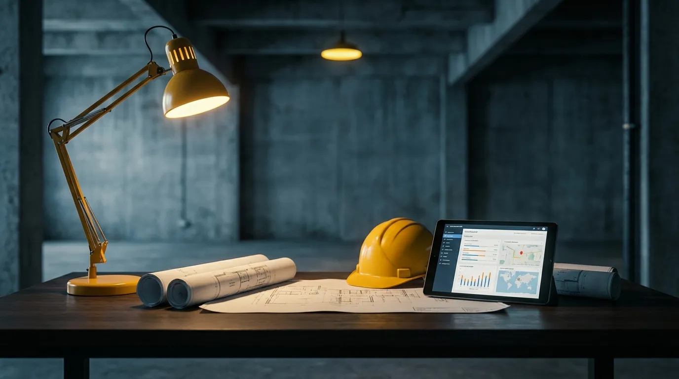 Schreibtisch mit Bauplänen, Schutzhelm und Tablet bei stimmungsvoller Beleuchtung